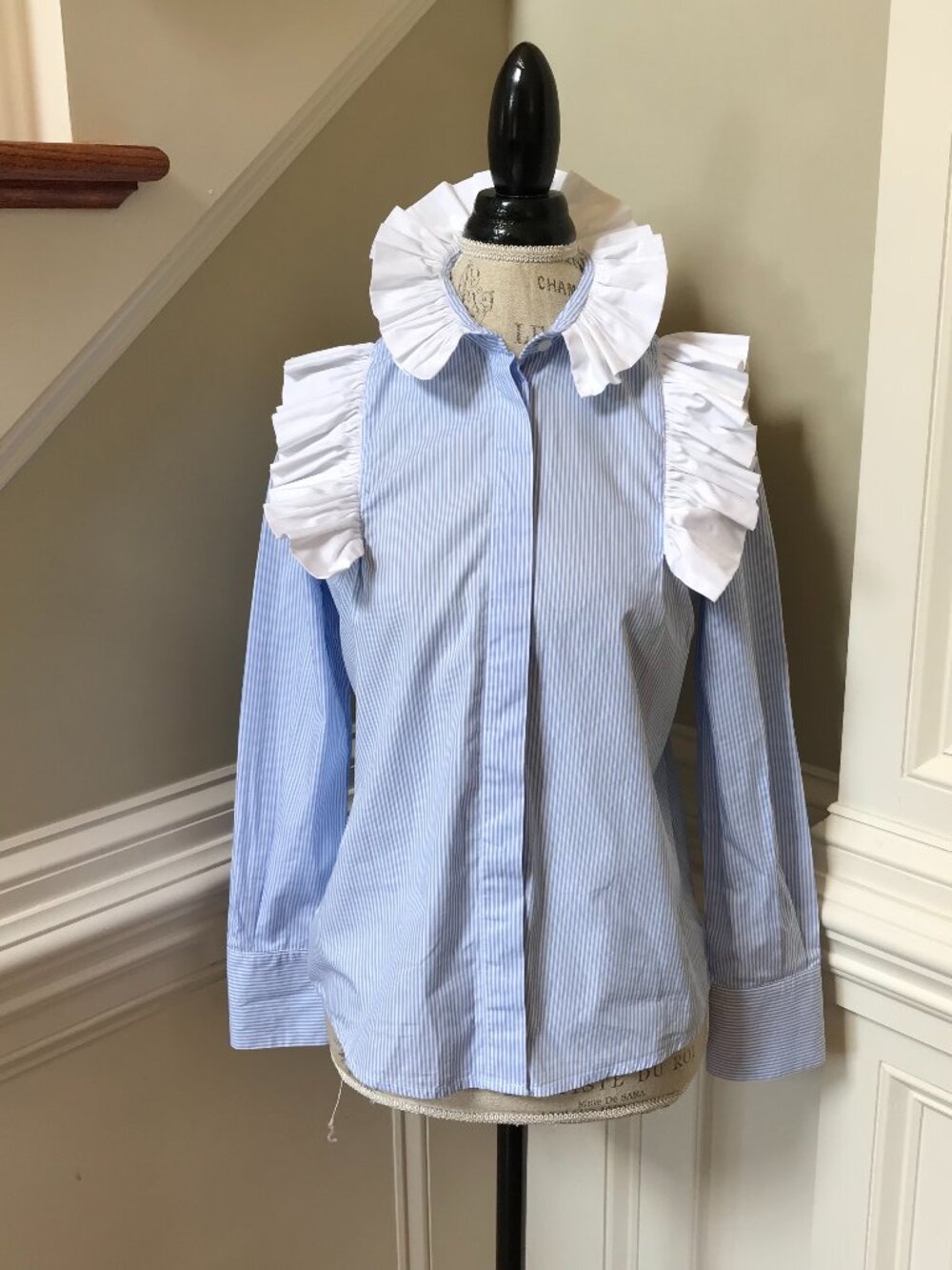 Maria de la Orden Mizou Blouse Shirt Womens 36 US 4 Blue White Stripes Ruffle